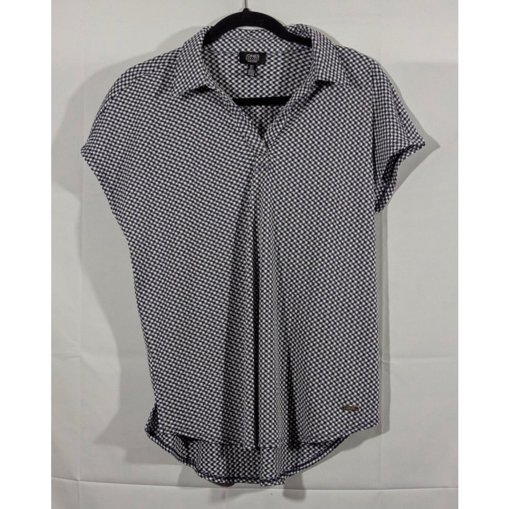 Jones New York Navy Gingham Button Front Blouse Large